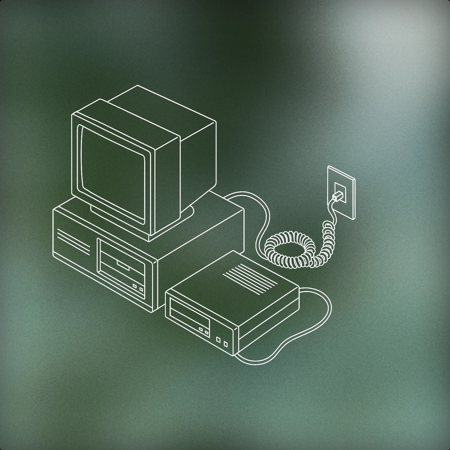 Cover of A classic desktop computer with a protruding external modem and a coiled telephone cord connected to a wall jack for Dial Up Internet sound effects