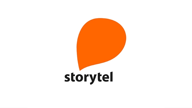 Storytel logo with an orange speech bubble and black text.