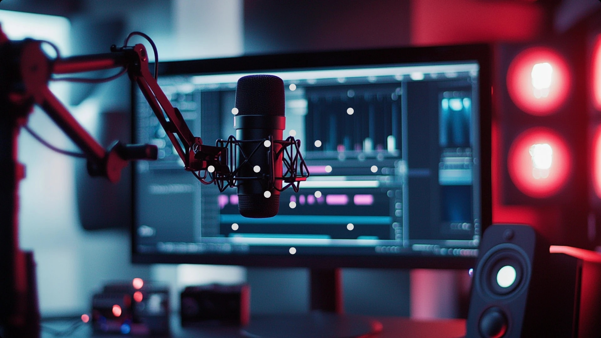 A microphone mounted on a boom arm in front of a computer monitor displaying audio editing software, with red and blue lighting.