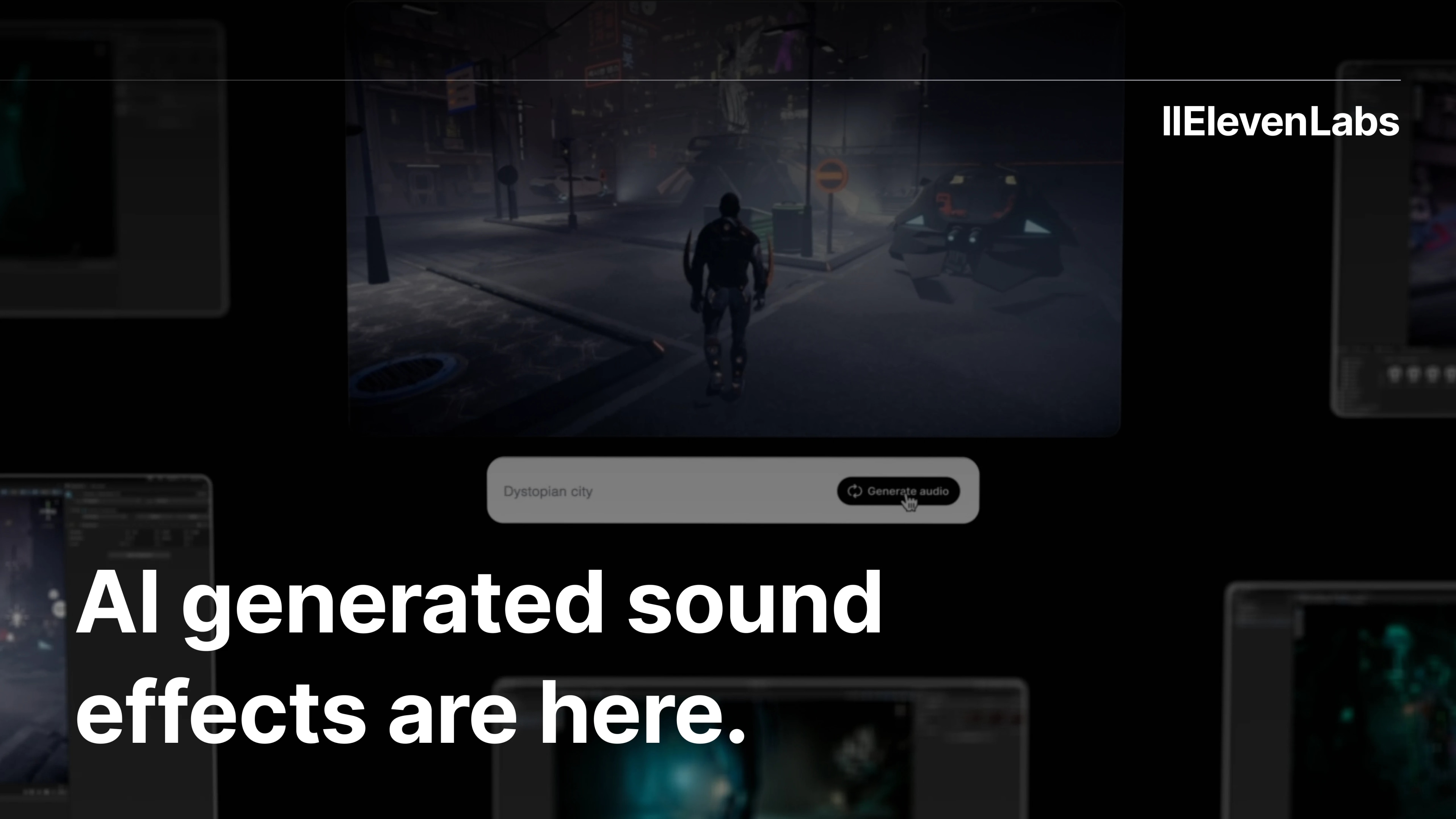 A person standing on a city street at night with futuristic elements, with the text "AI generated sound effects are here."