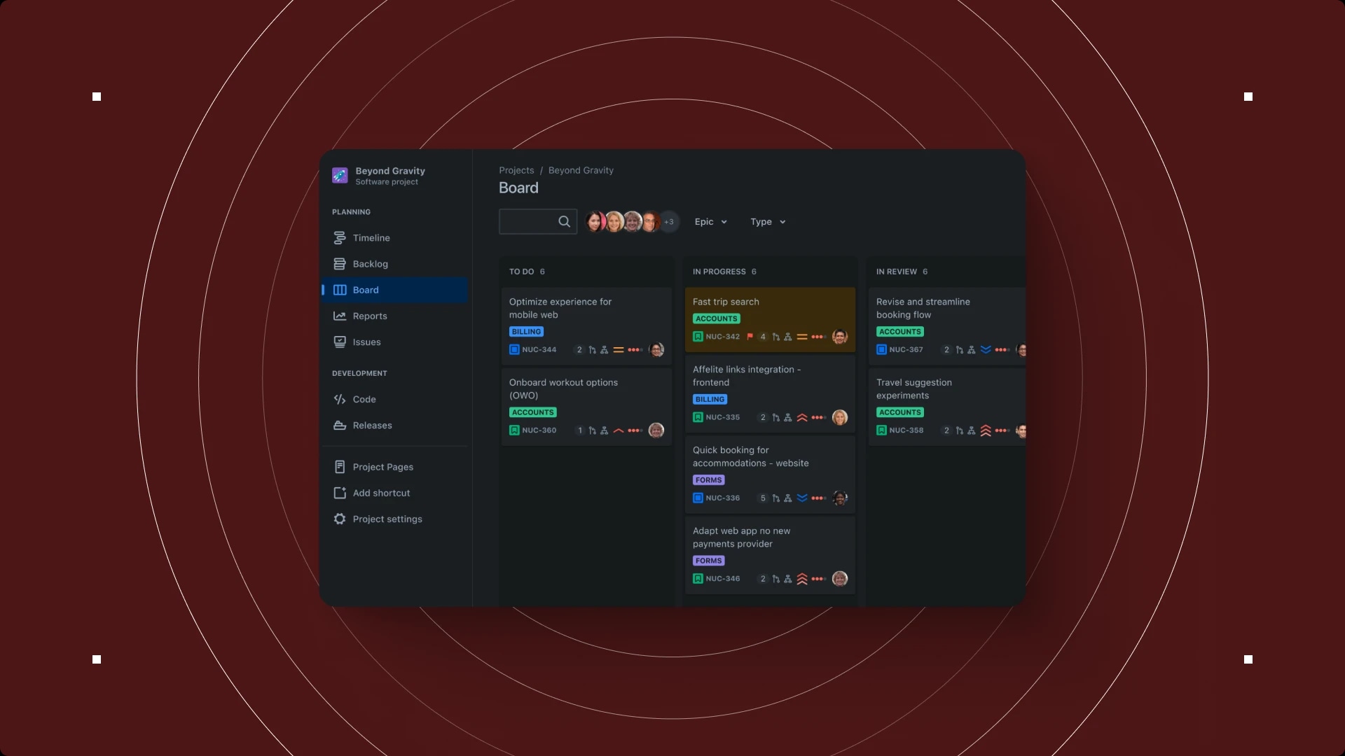 Screenshot of a project management board with tasks organized into columns labeled To Do, In Progress, and In Review.