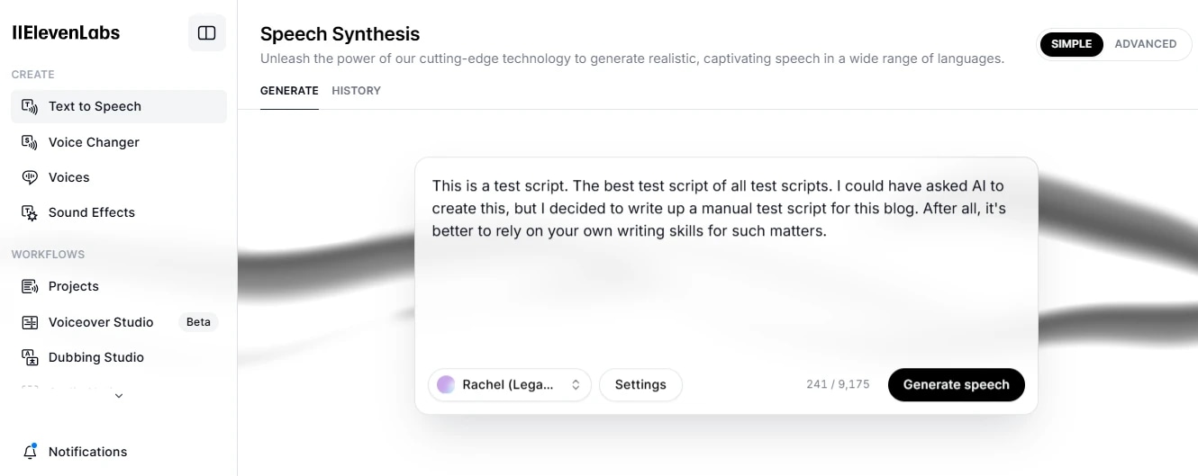 Screenshot of ElevenLabs Speech Synthesis interface with a test script and a "Generate speech" button.