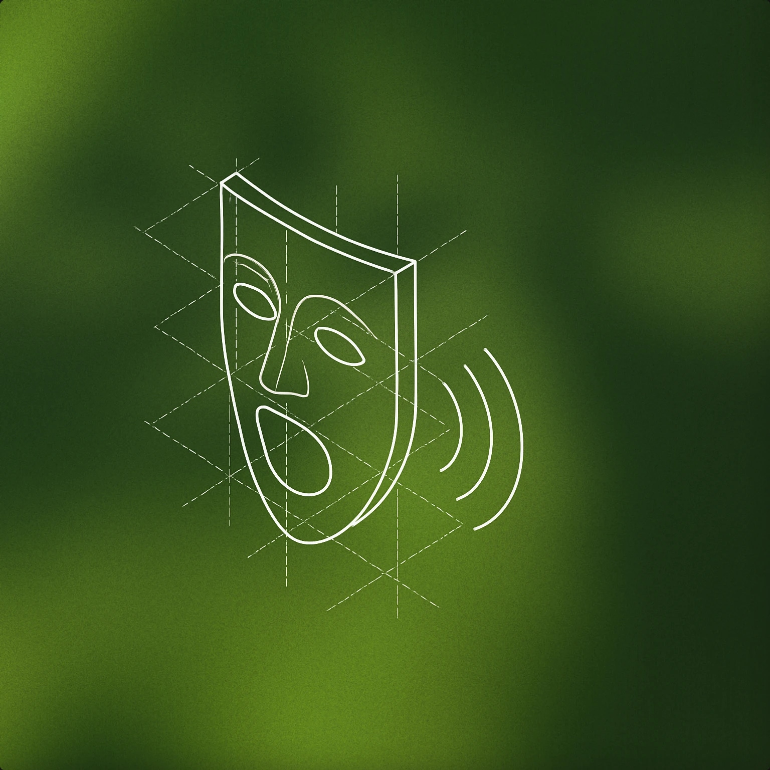 Cover of theater mask with an open mouth and subtle soundwave lines emanating from it for Crowd Laughing sound effects