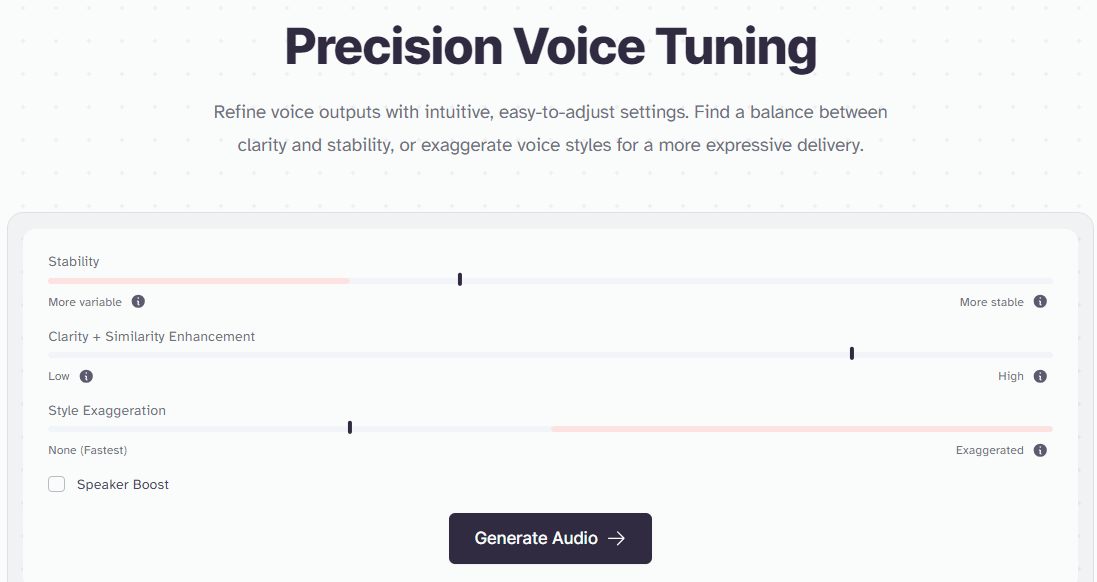 Screenshot of a webpage titled "Precision Voice Tuning" with sliders for adjusting stability, clarity, and style exaggeration, and a "Generate Audio" button.