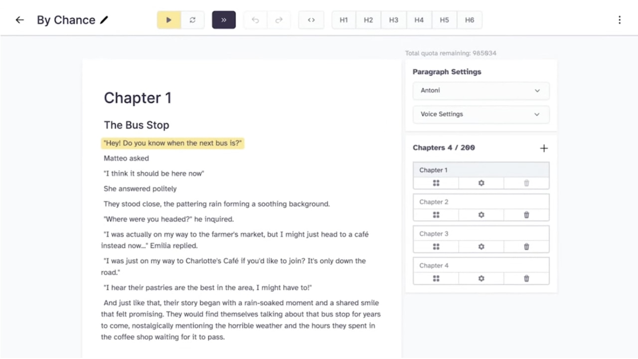 Page showing a writing interface with a story titled "The Bus Stop" and a highlighted quote, along with chapter management options on the right.