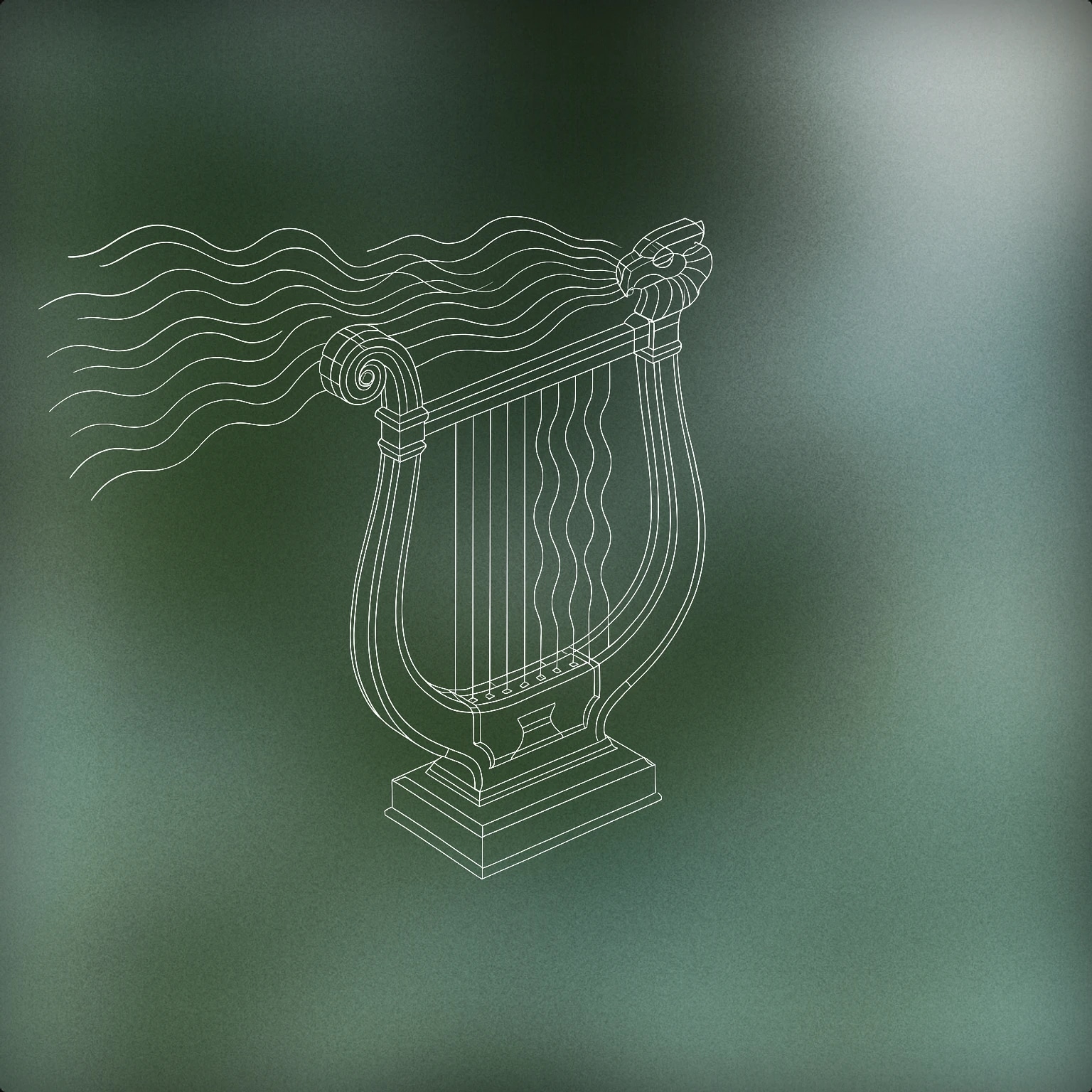 Cover of an ancient magical harp with floating strings forming ethereal soundwaves for Fantasy sound effects