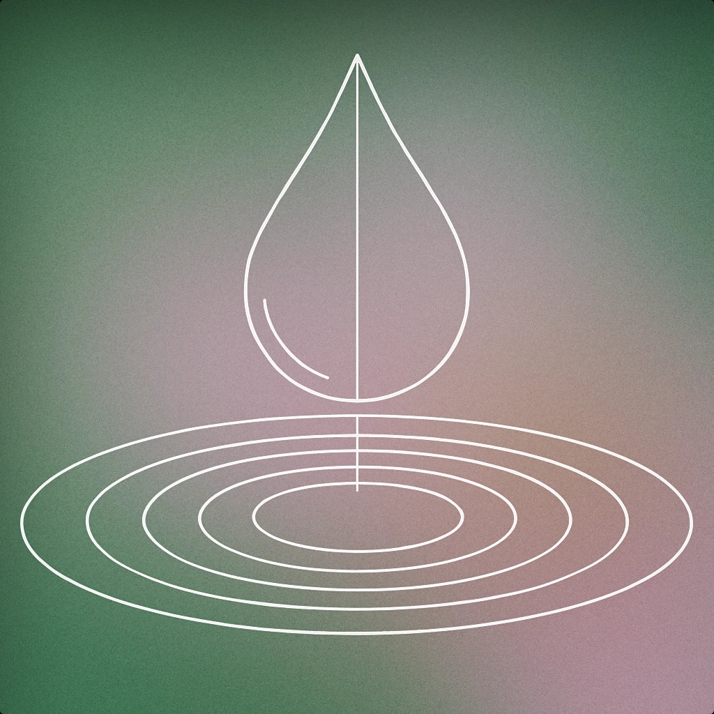 Cover of a single, stylized droplet suspended above a flat, circular surface with subtle concentric ripples emanating outward for Blood Splatter sound effects