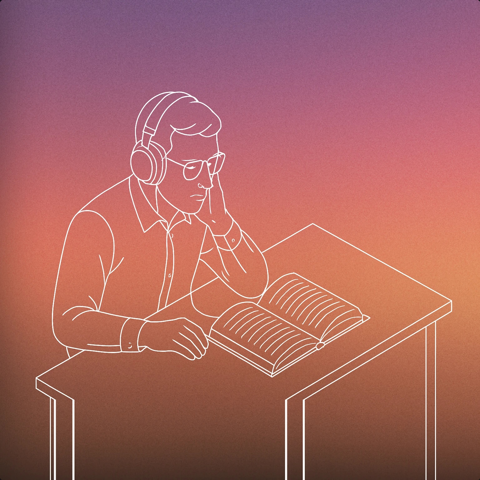 Cover of A man with headphones listening intently to an open book on a desk for Men sound effects