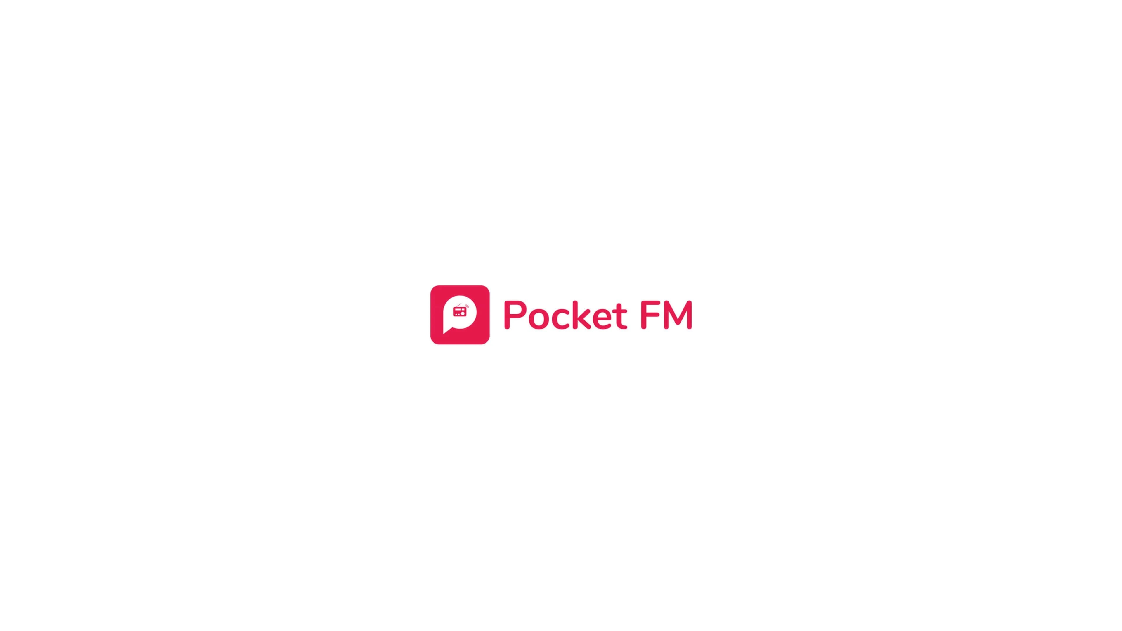 Pocket FM logo with a speech bubble icon containing a radio and the text "Pocket FM" in pink.