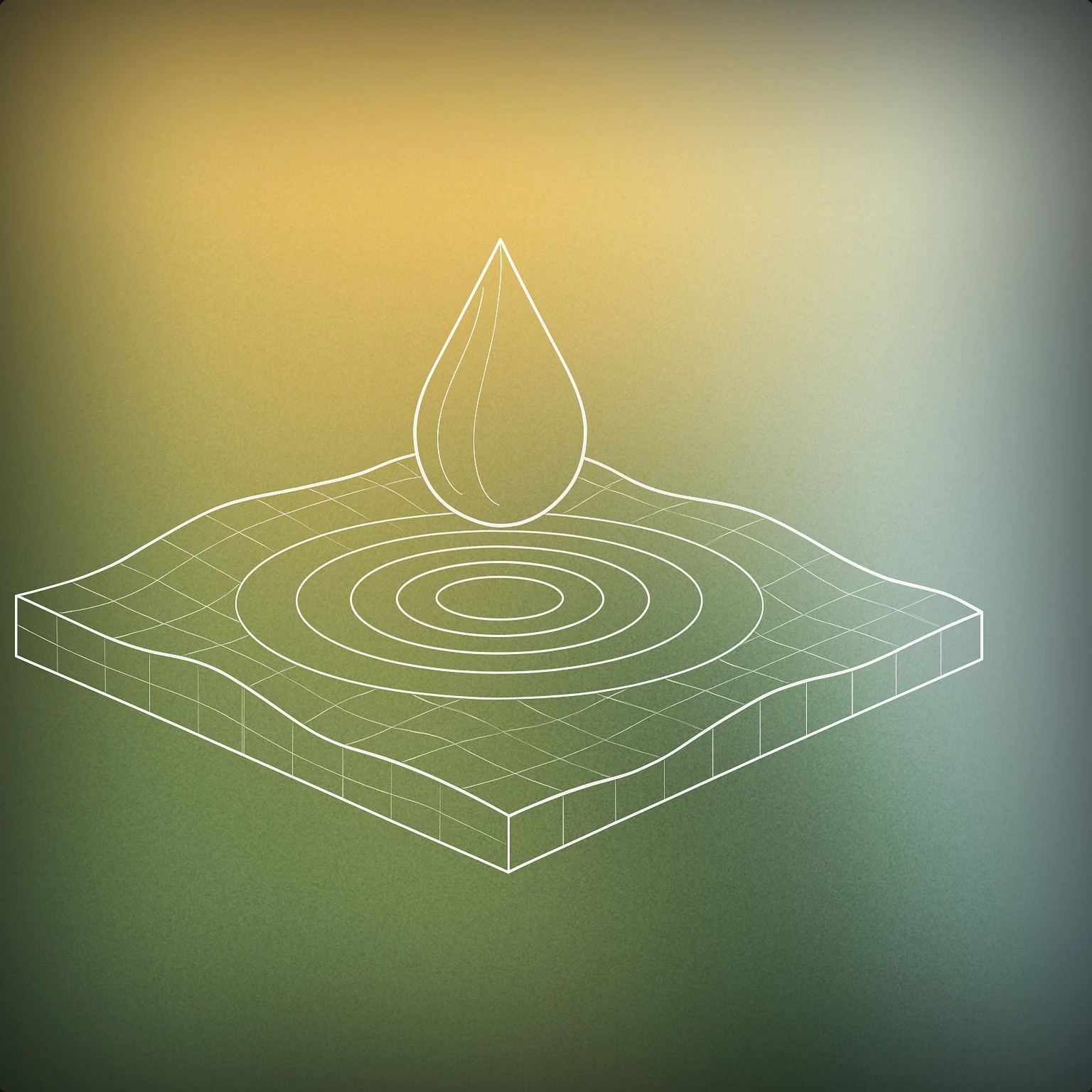 Cover of a stylized droplet suspended above a smooth, undulating surface with subtle ripple lines emanating outward for Ooze sound effects