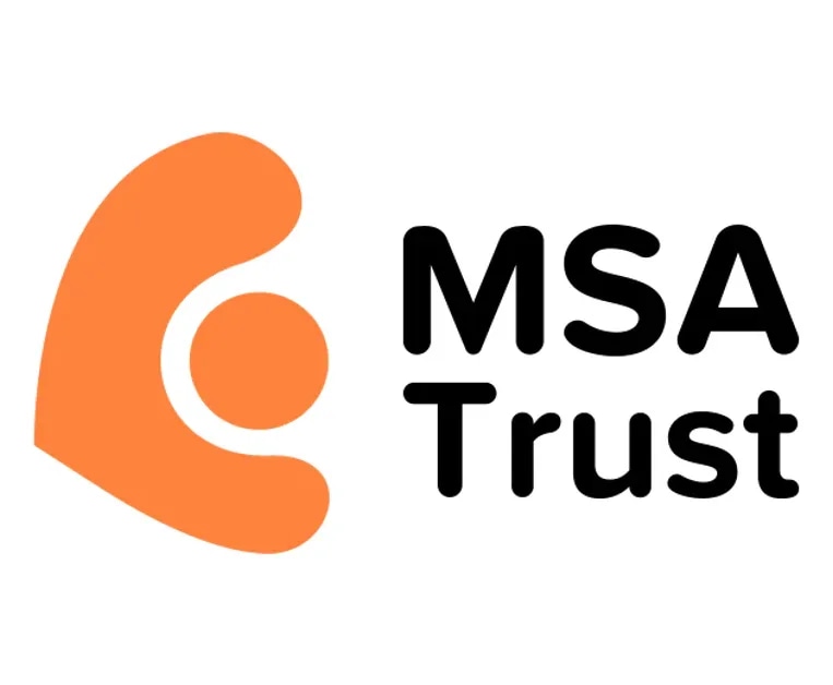 Logo of MSA Trust with an orange abstract shape and black text.