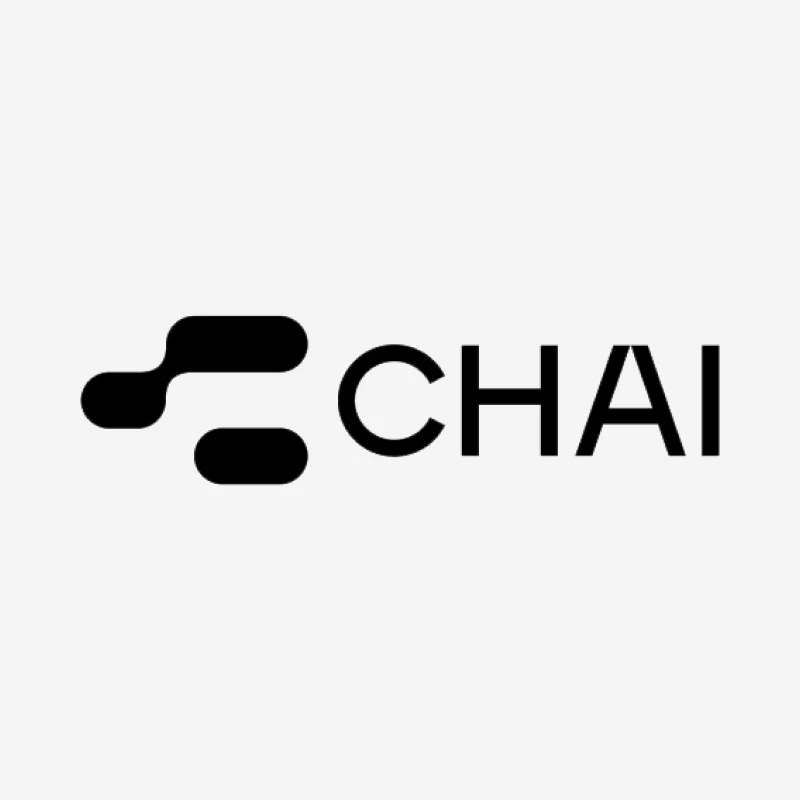 Logo with abstract black shapes and the word "CHAI" in black text on a light background.