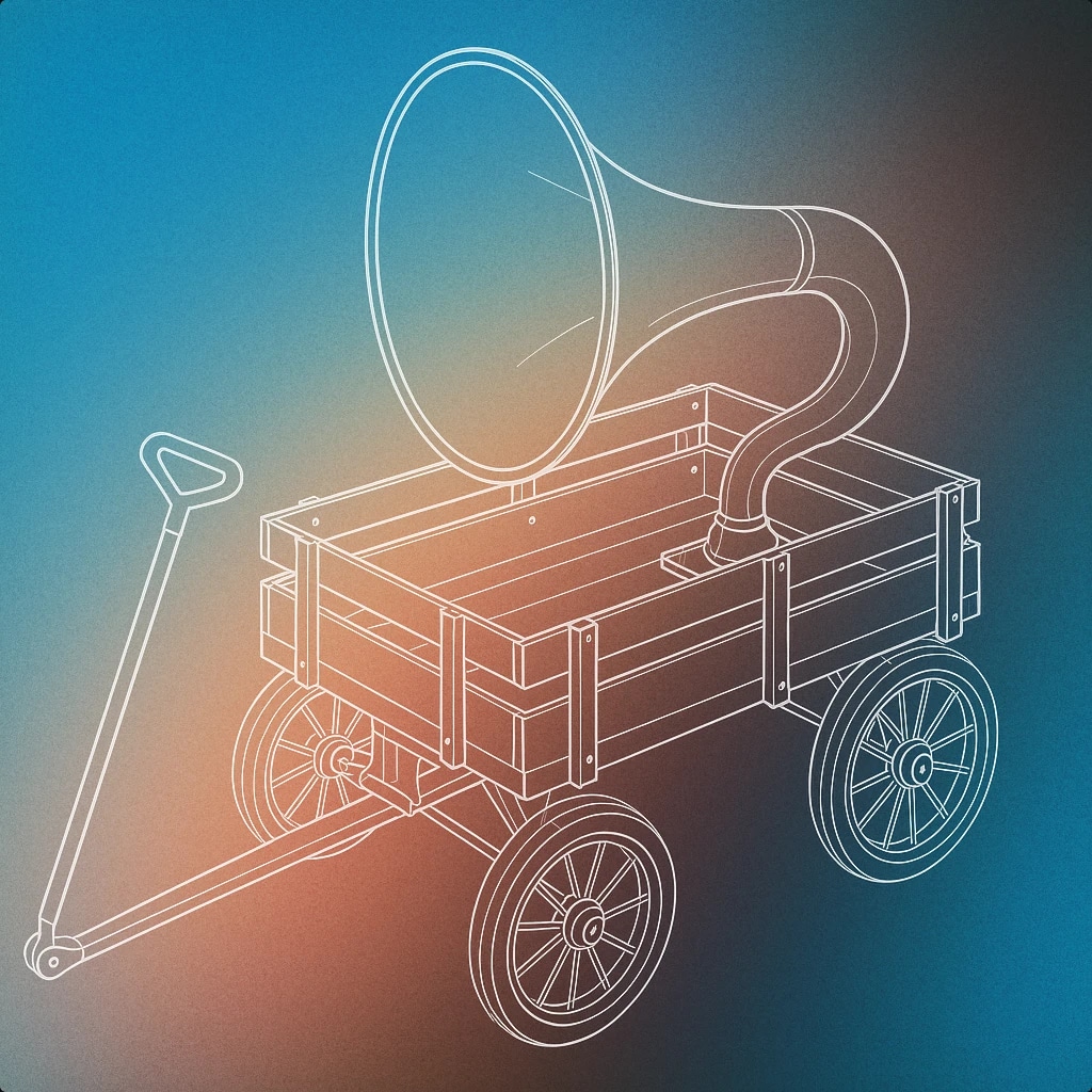 Cover of a classic hand-pulled wagon with a large, stylized sound horn mounted on its bed for Wagon sound effects