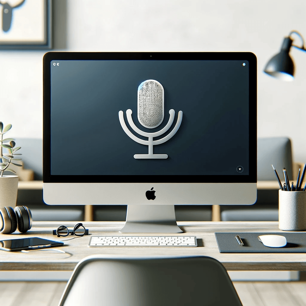 Computer monitor displaying a microphone icon on the screen.
