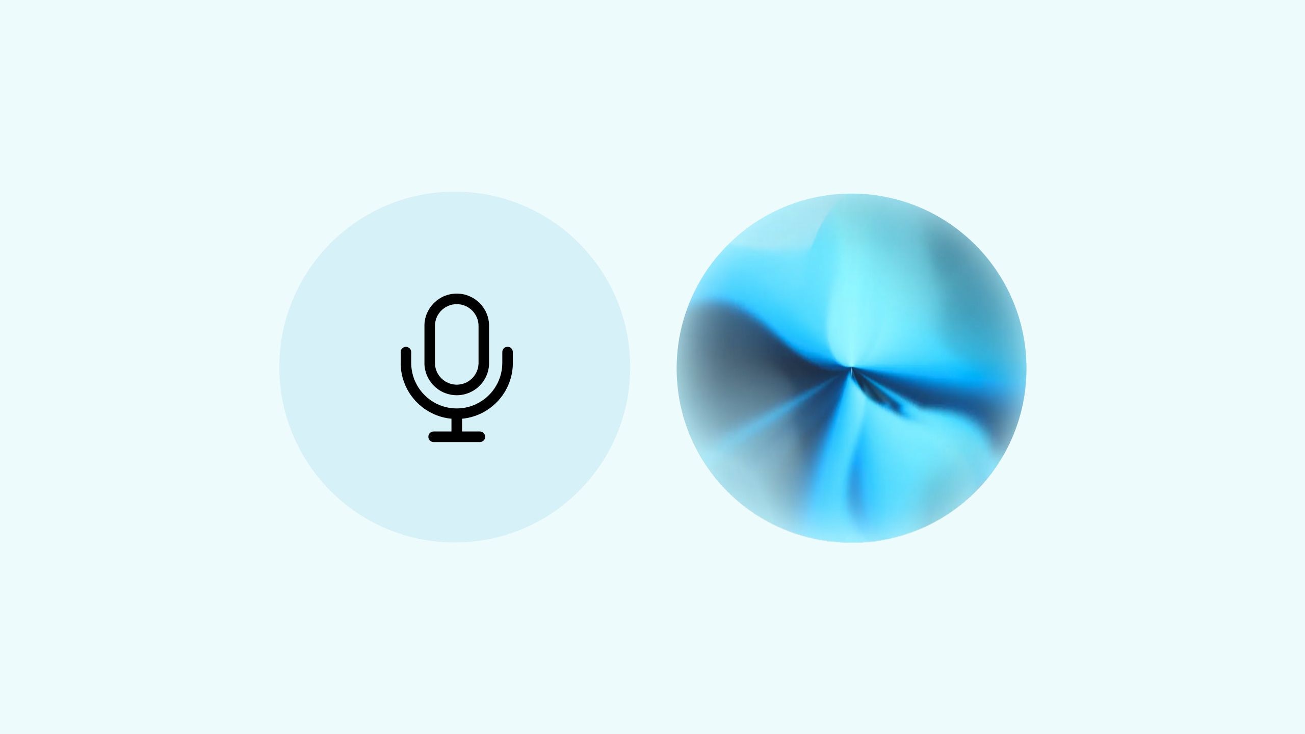 Voice command icon next to a blue abstract spherical shape.