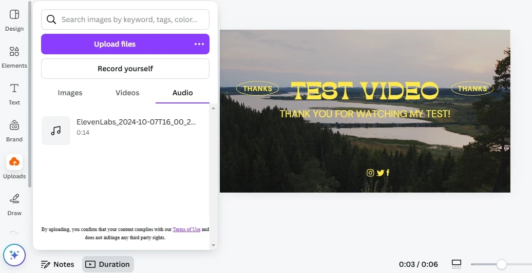 Test video with overlay text saying "Thanks" and "Thank you for watching my test!" over a landscape background.