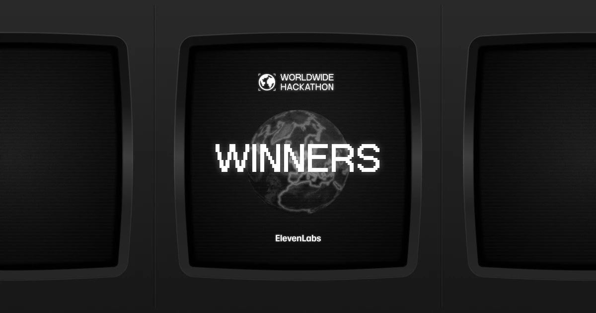 Winners displayed on a screen with a globe, from a worldwide hackathon event.