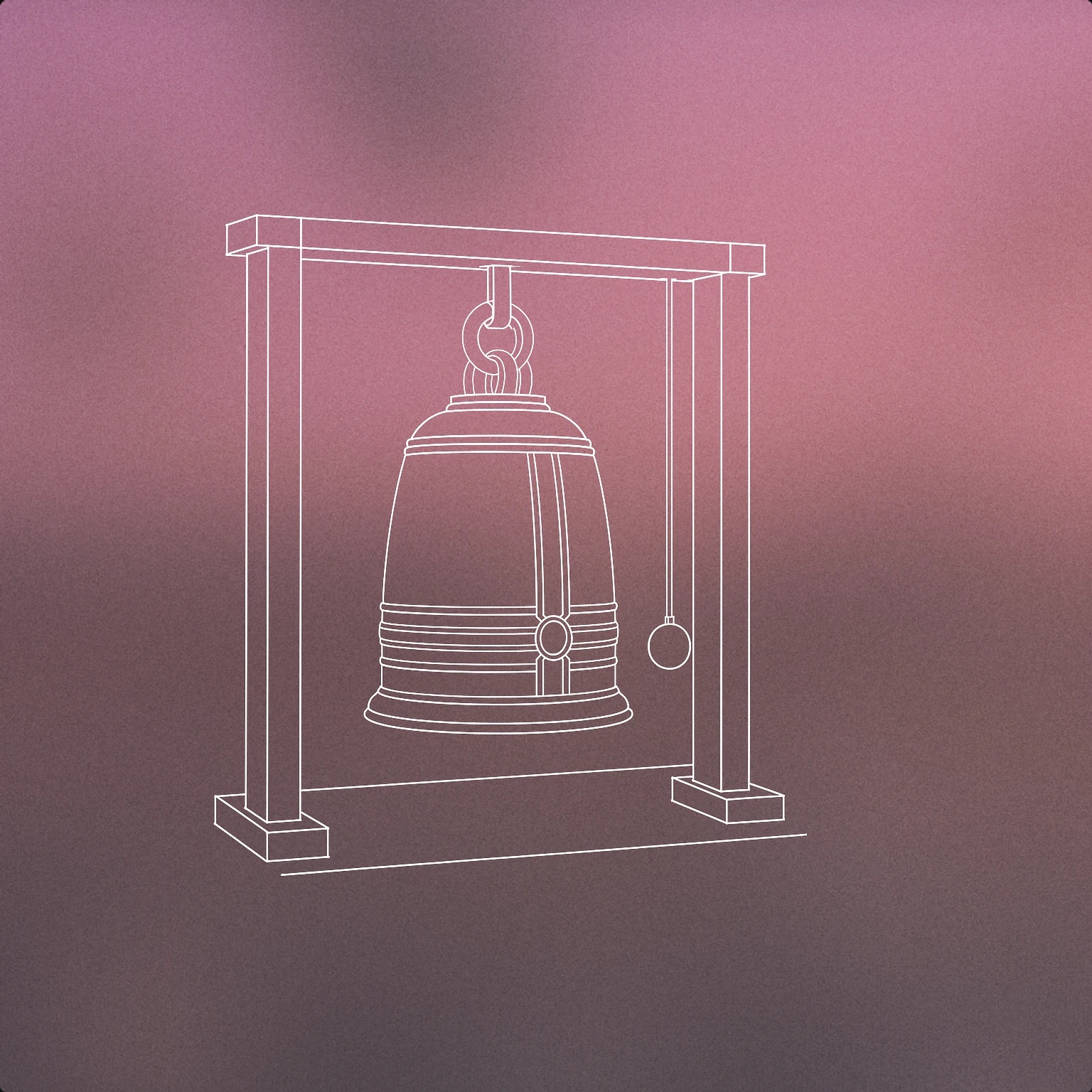 Cover of A large suspended temple bell with a simple surrounding frame, shown with its round striker hanging nearby for Temple Bell sound effects