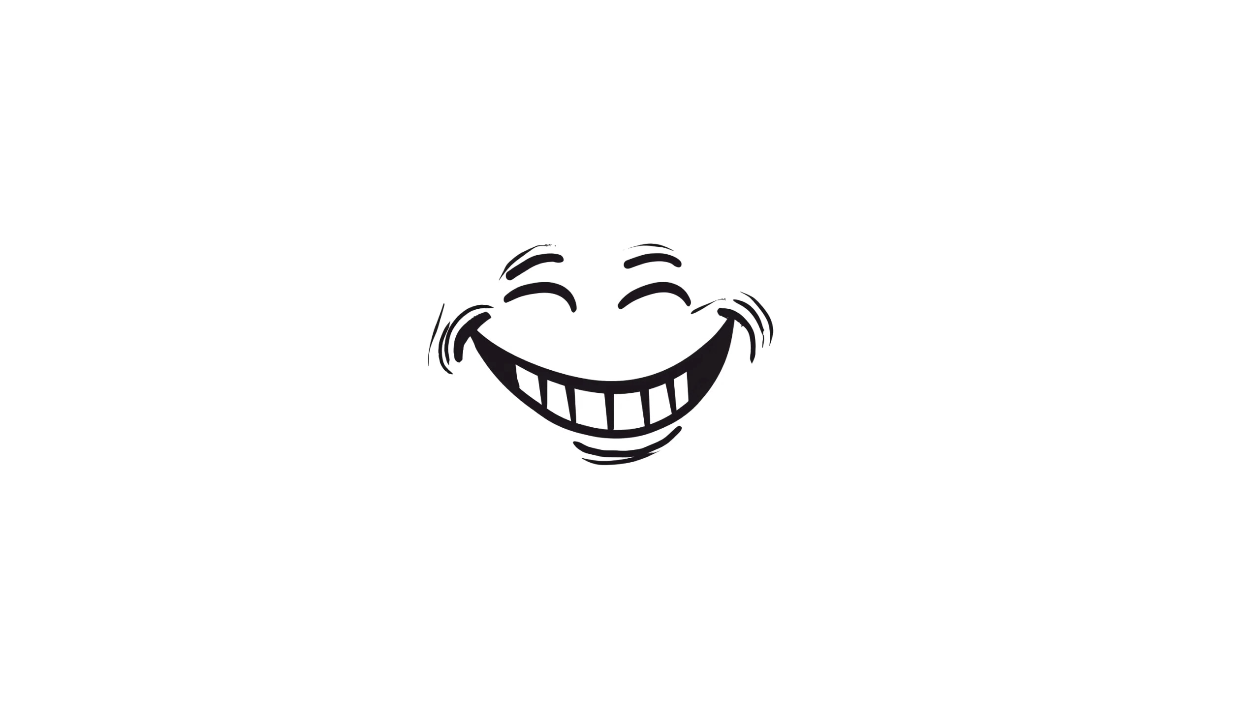 A black and white cartoon-style drawing of a smiling face with a wide, toothy grin and closed, happy eyes.