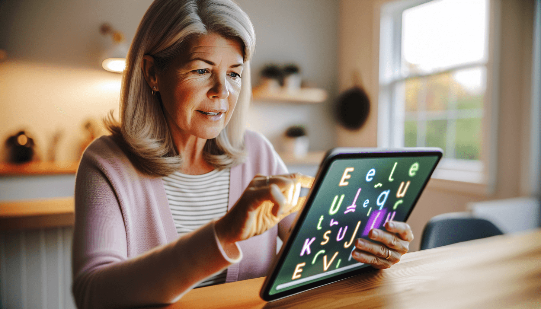 A woman using a tablet with colorful neon letters on the screen in a well-lit room.
