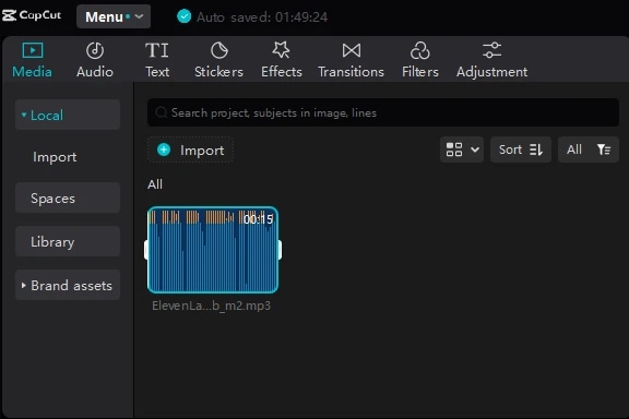 The screenshot of a video editing software interface showing an imported audio file named "ElevenLa...b_m2.mp3" in the media library.
