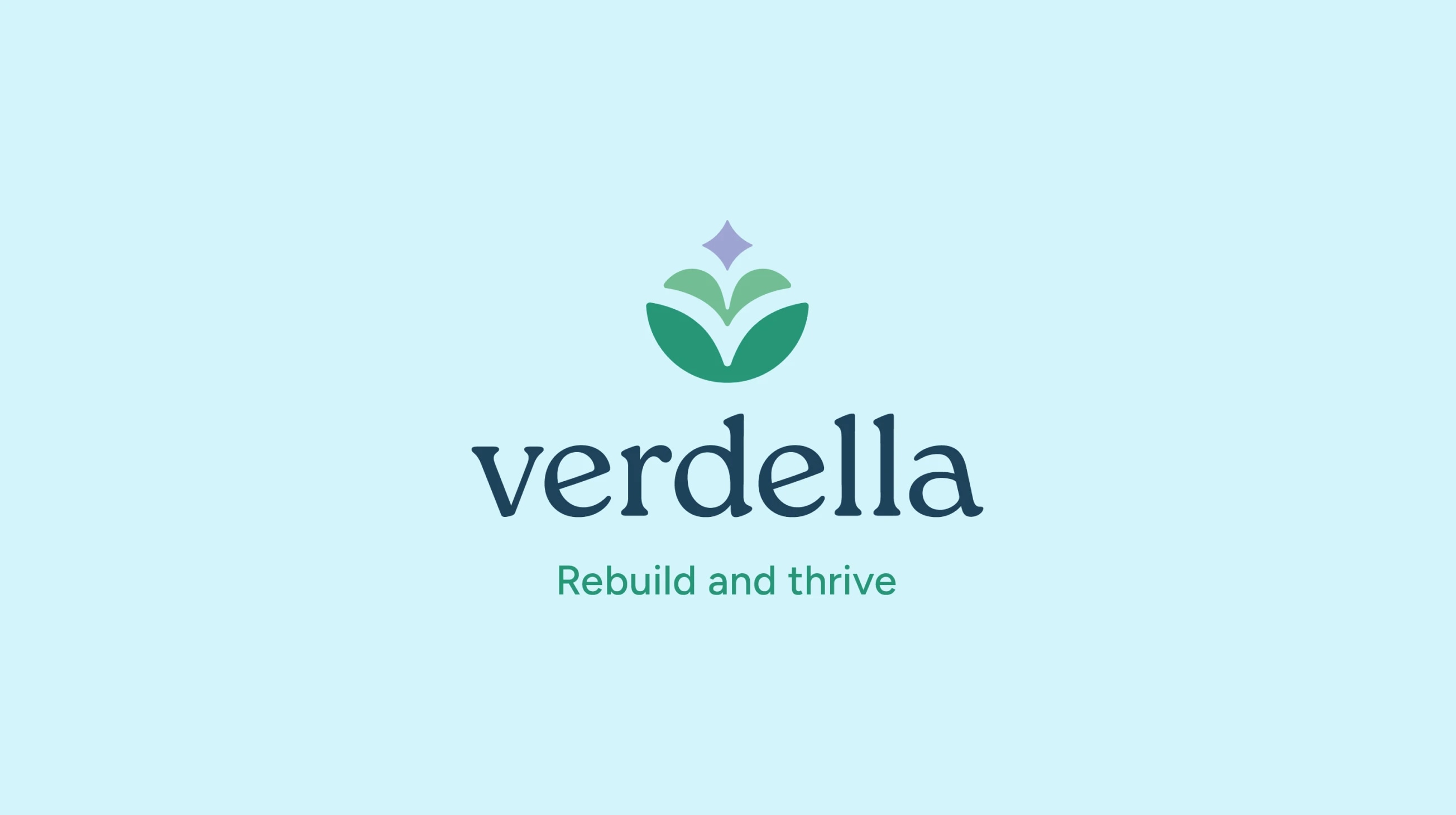 Verdella logo with the tagline "Rebuild and thrive" on a light blue background.