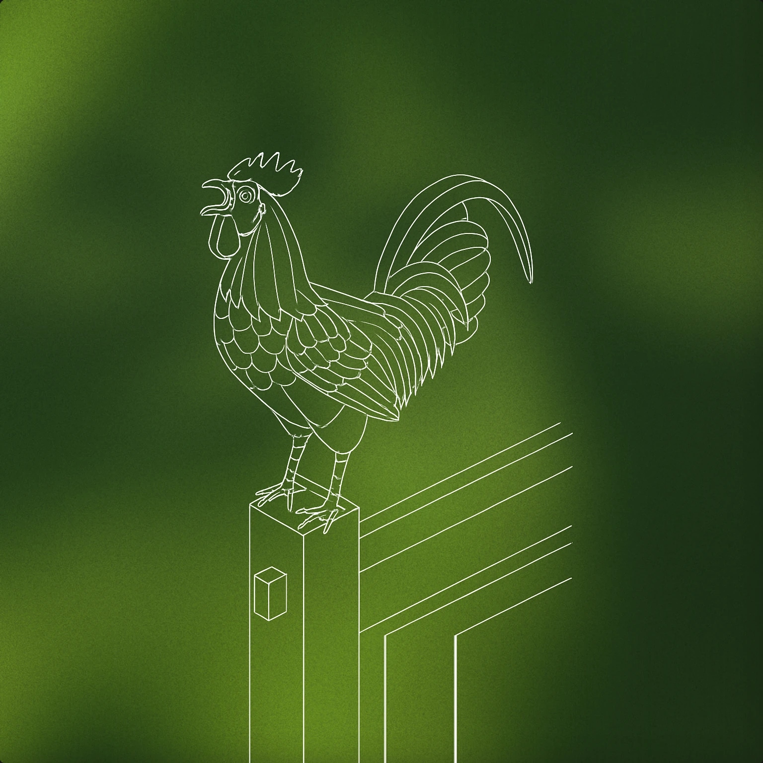 Cover of A rooster standing on a simple fence post with its beak open for Rooster Crowing sound effects