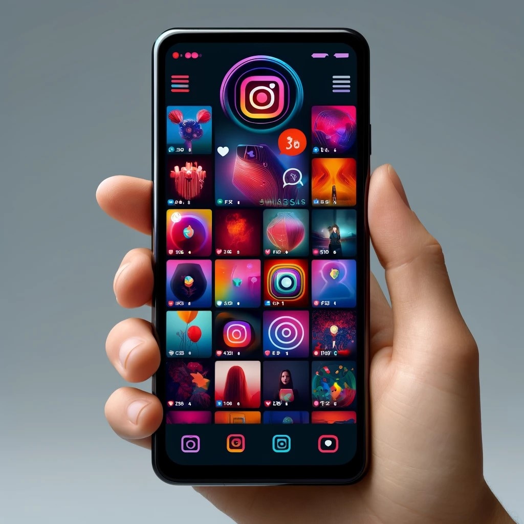 A hand holding a smartphone displaying a grid of colorful Instagram-themed digital art and icons.