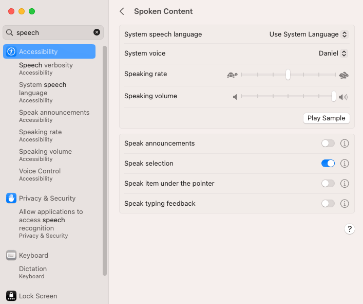 Accessibility settings for spoken content on a computer screen.
