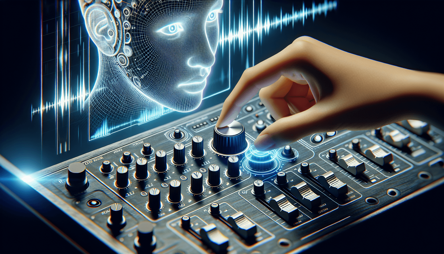 A hand adjusting a knob on a digital audio mixer with a holographic AI face and sound wave visuals in the background.