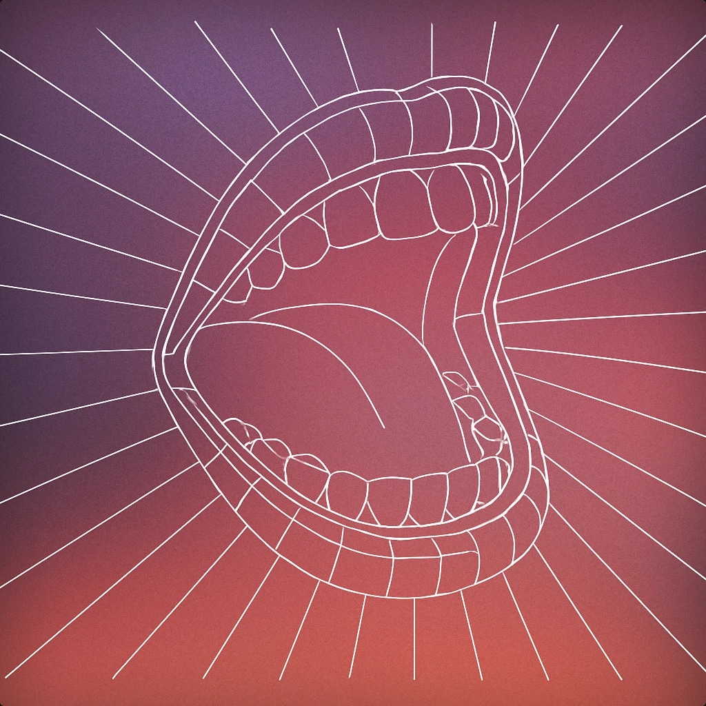 Cover of an open human mouth with stylized, exaggerated lines radiating outward from it for Yelling sound effects