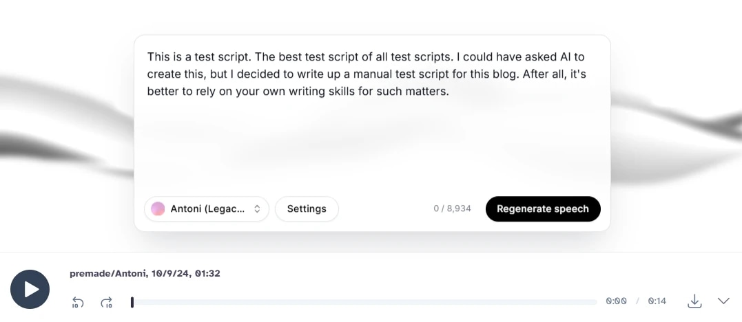 Screenshot of a text-to-speech interface with a script and a "Regenerate speech" button.
