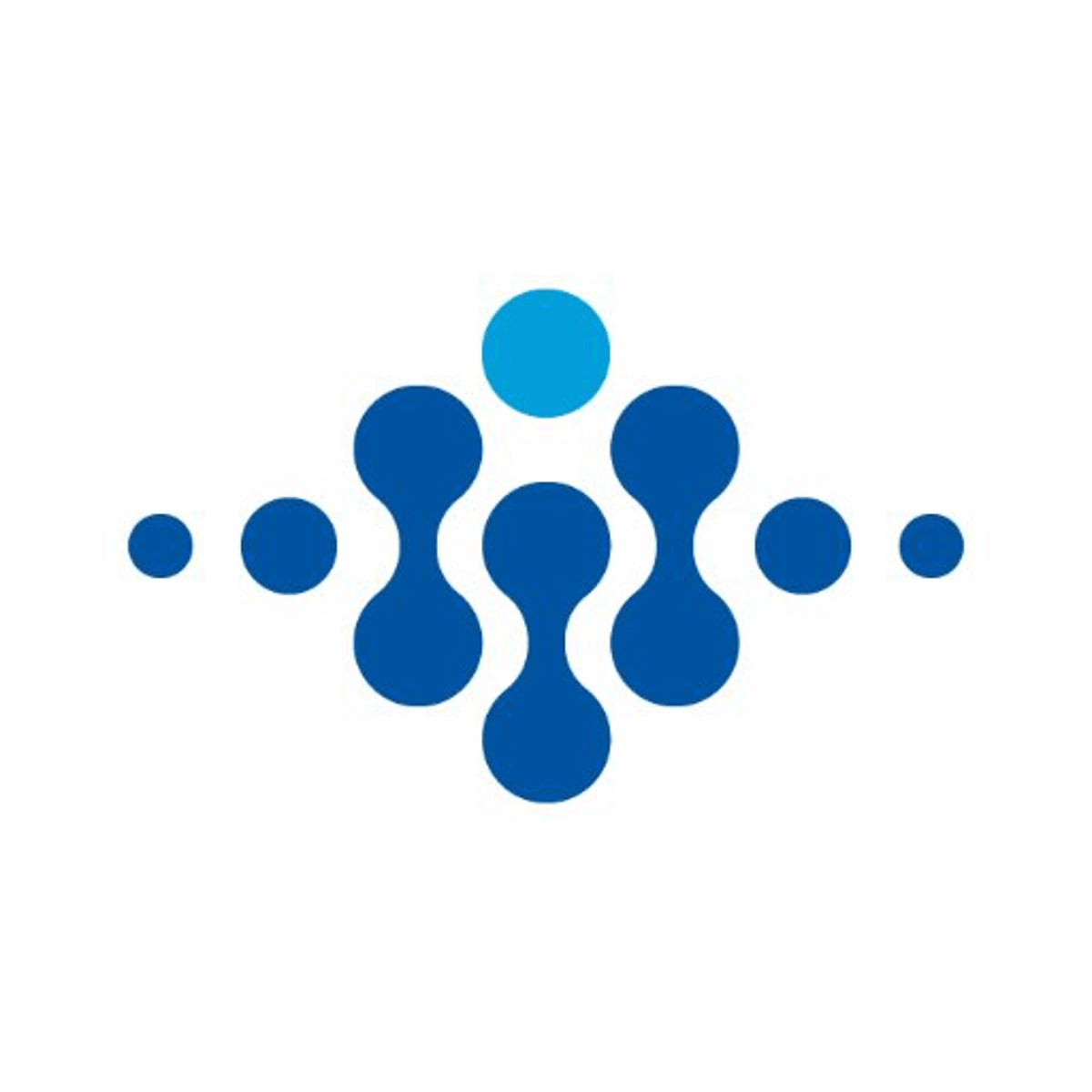 A symmetrical abstract design composed of blue circles of varying sizes arranged in a diamond shape.