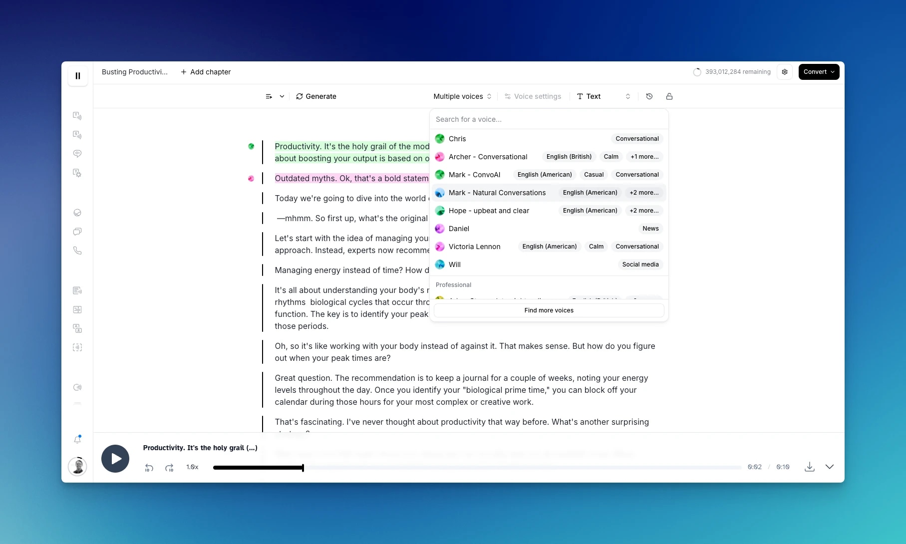 Screenshot of a text editing or transcription software with a voice selection menu open.