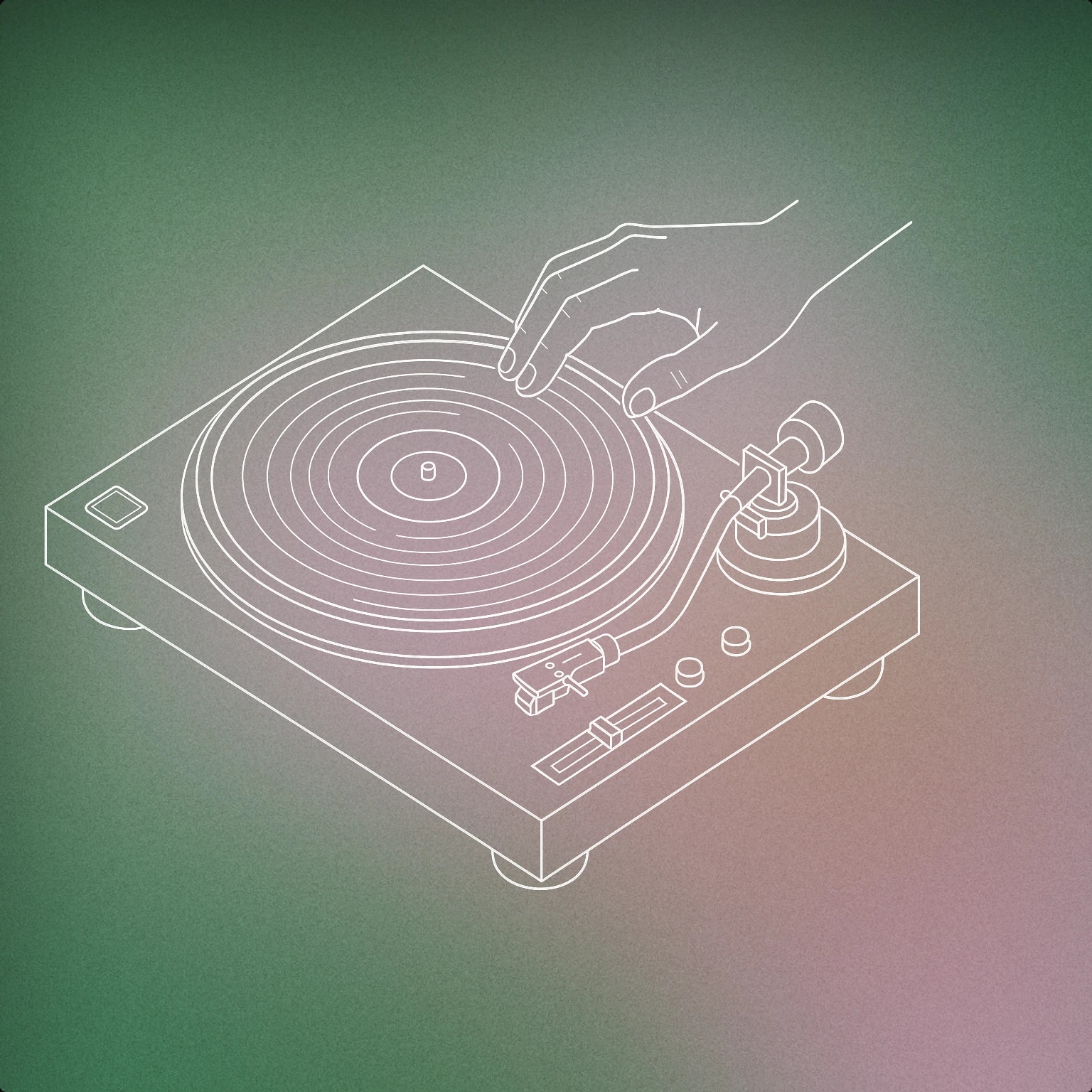 Cover of turntable with a stylized vinyl record and a single hand poised above it for DJ Scratch sound effects