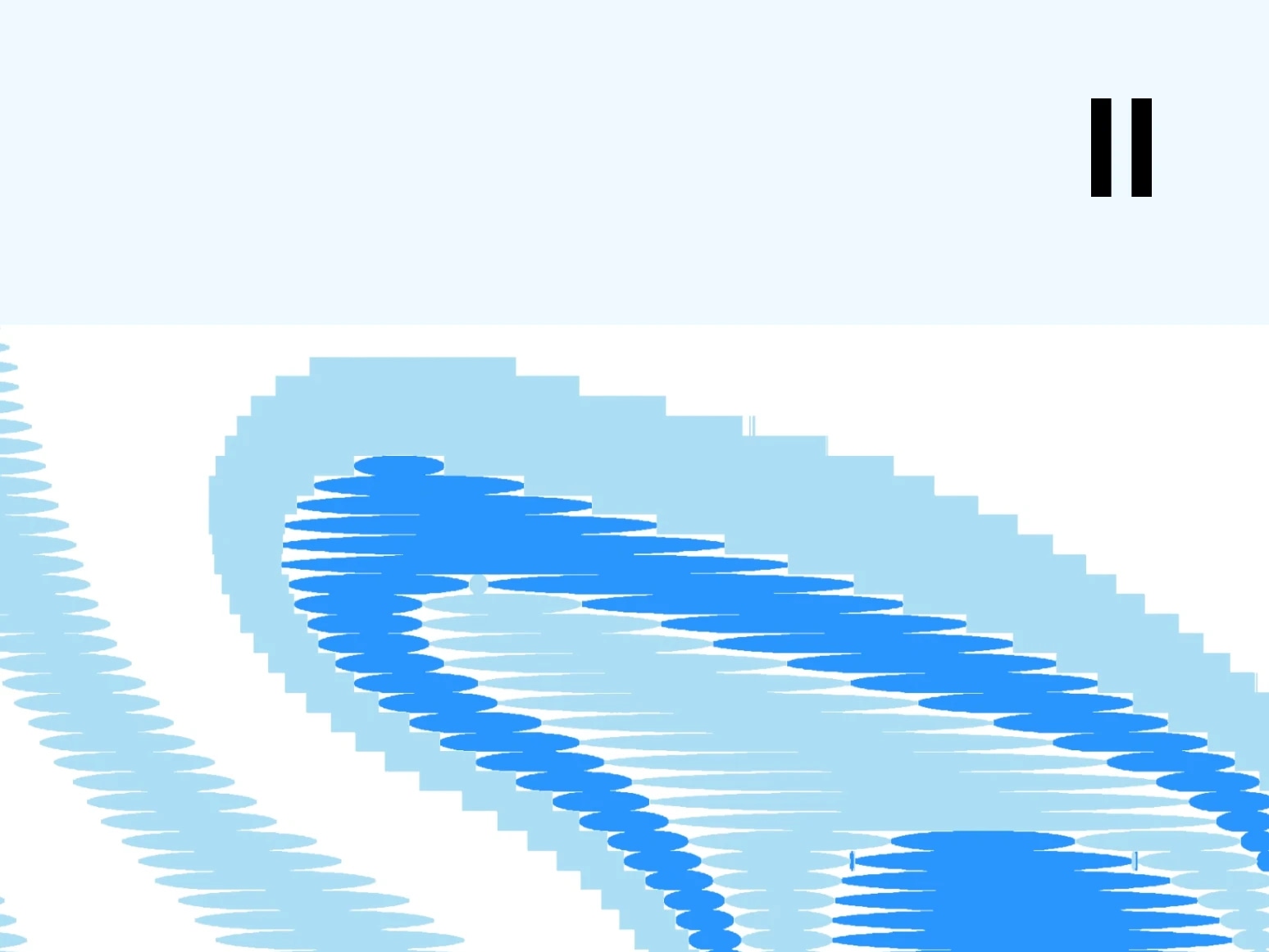 A stylized, pixelated image of a blue and white sneaker with a "pause" icon in the top right corner.