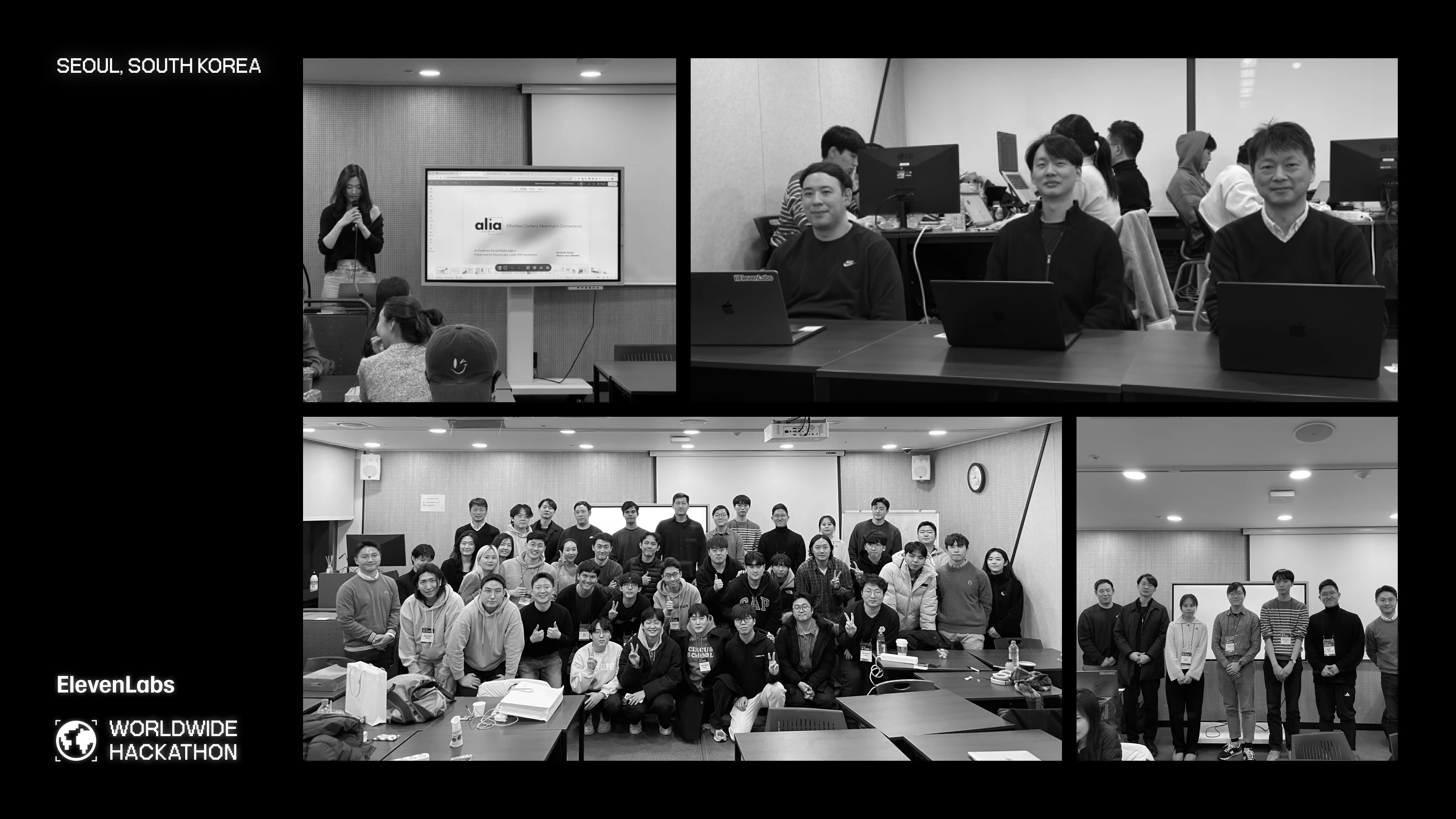 Group photos of participants and speakers at the Seoul, South Korea event of the Worldwide Hackathon, organized by ElevenLabs.