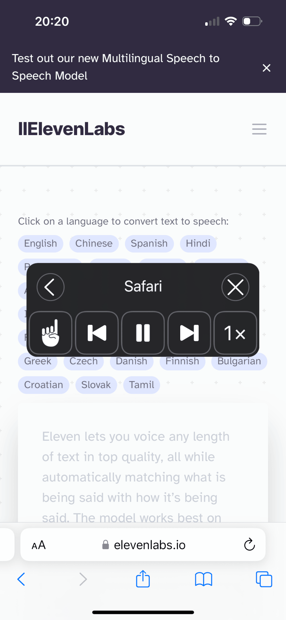Screenshot of a mobile webpage showing a multilingual speech-to-text tool with language options and a speech control overlay.