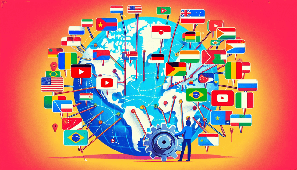 A person standing next to a gear, connecting various international flags and YouTube icons around a globe representing global digital communication.