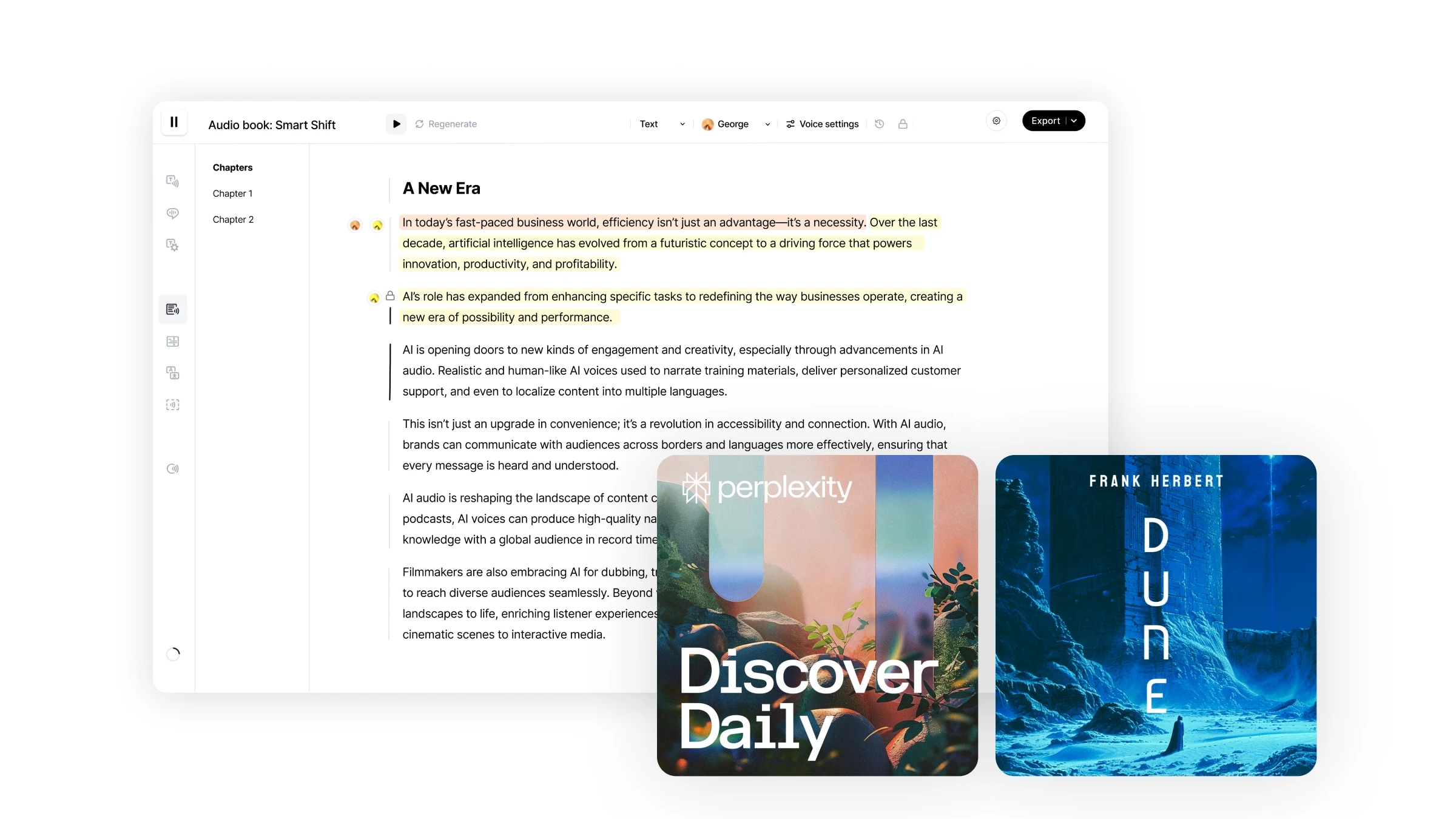 Screenshot of an audiobook editing interface with highlighted text and two book cover images titled "Discover Daily" and "Dune."
