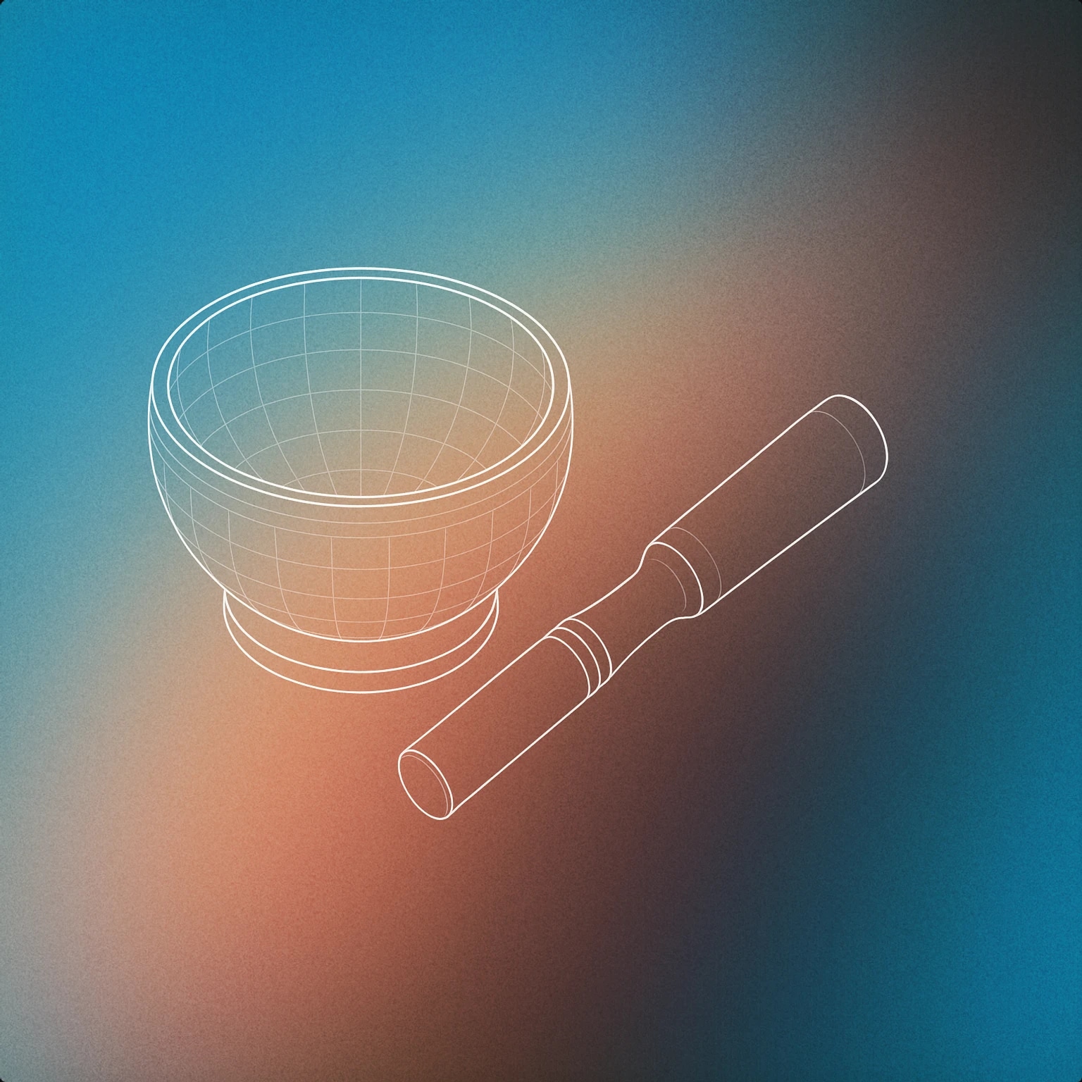 Cover of singing bowl with a mallet resting alongside it for Monk sound effects