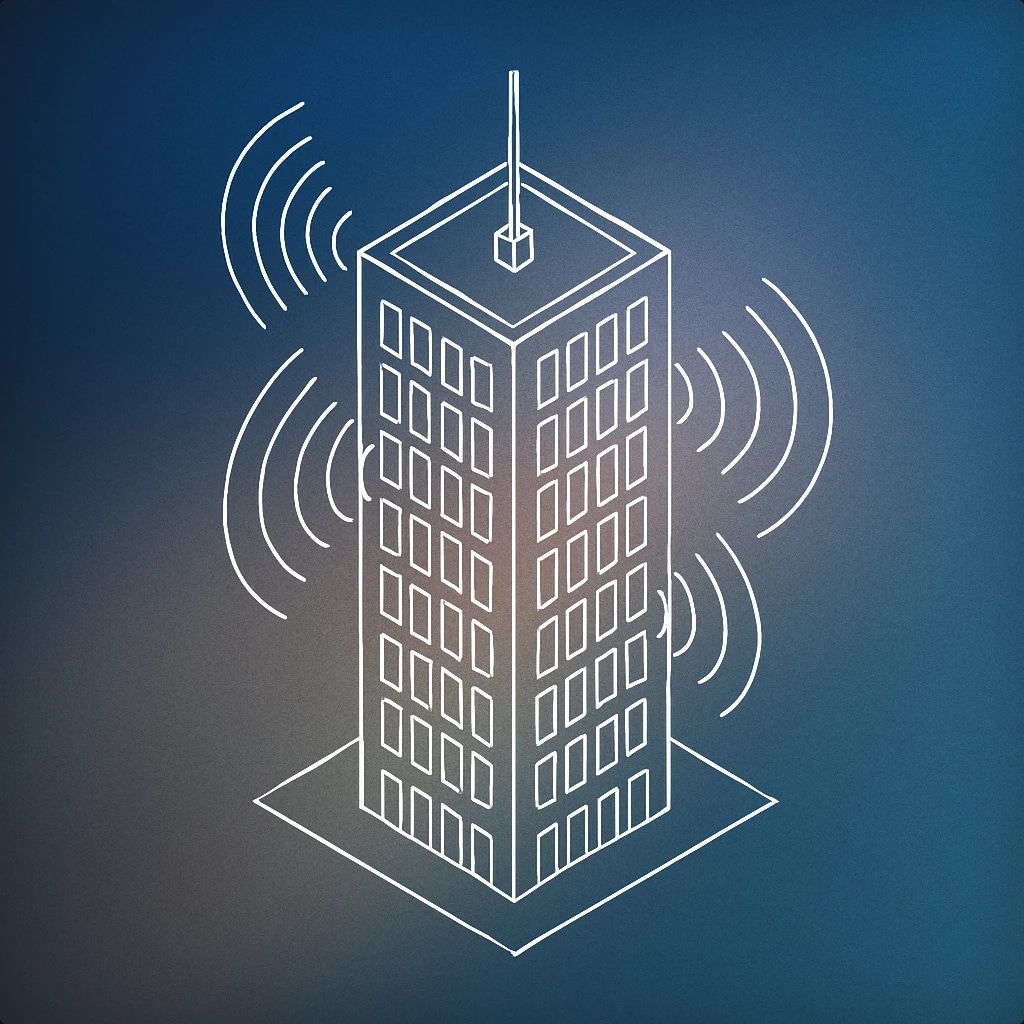 Cover of A simple stylized city skyscraper with soundwave lines emanating from its windows for City Noise sound effects