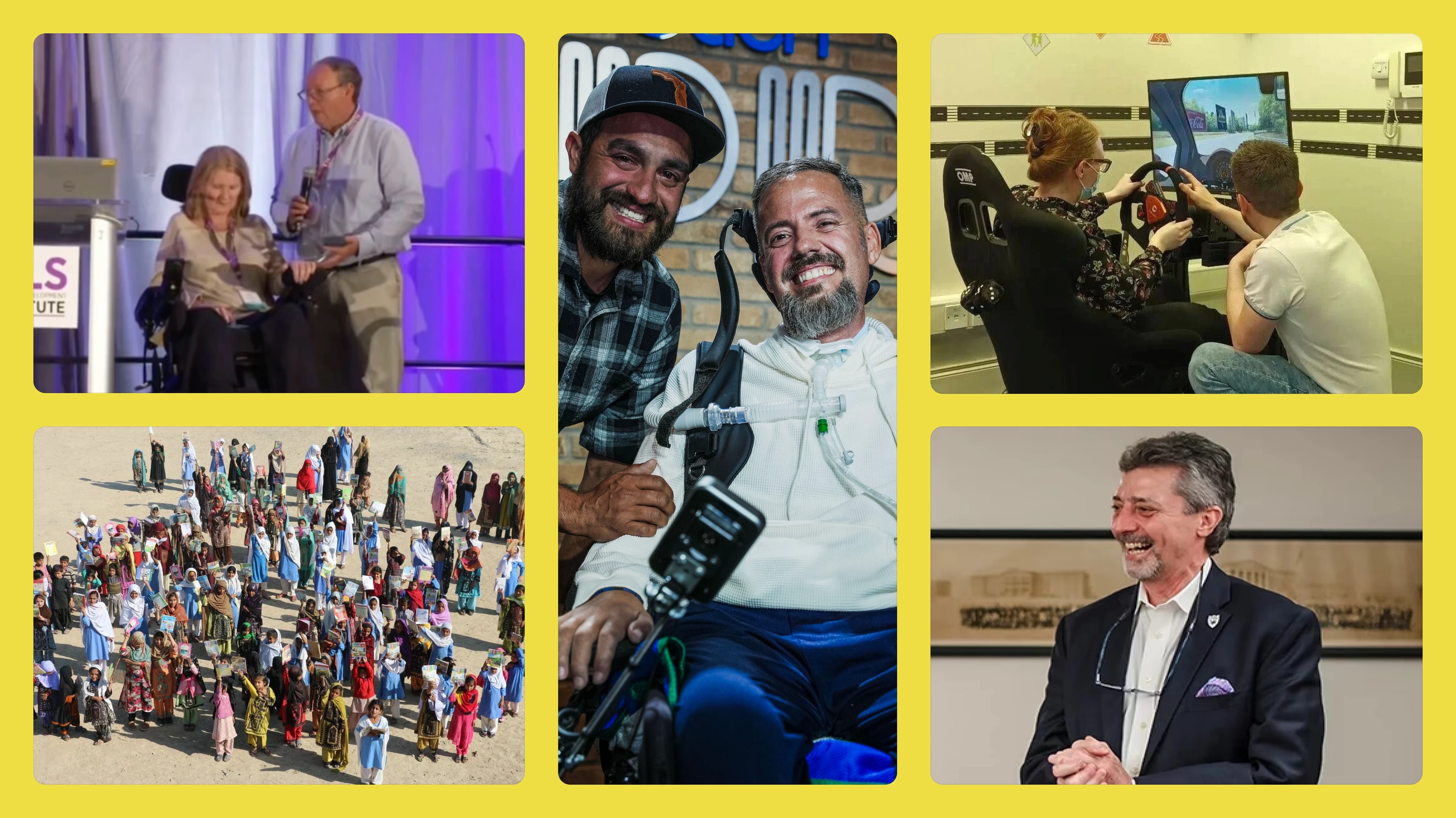 Collage of diverse people in various settings, including a presentation, a group photo, a gaming simulation, a large outdoor gathering, and a professional event.