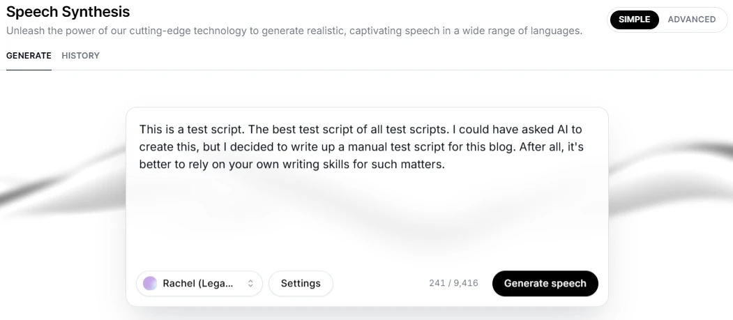 A screenshot of a speech synthesis tool with a test script in the text box and a "Generate speech" button.