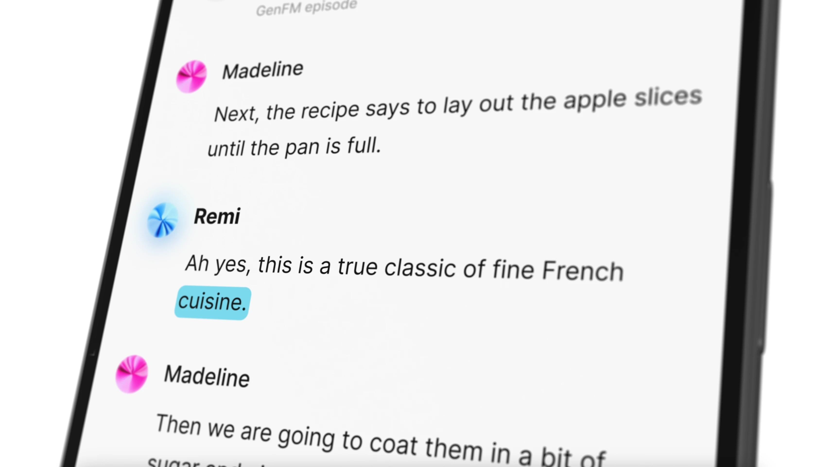Screenshot of a messaging app with a conversation between Madeline and Remi, discussing a recipe.