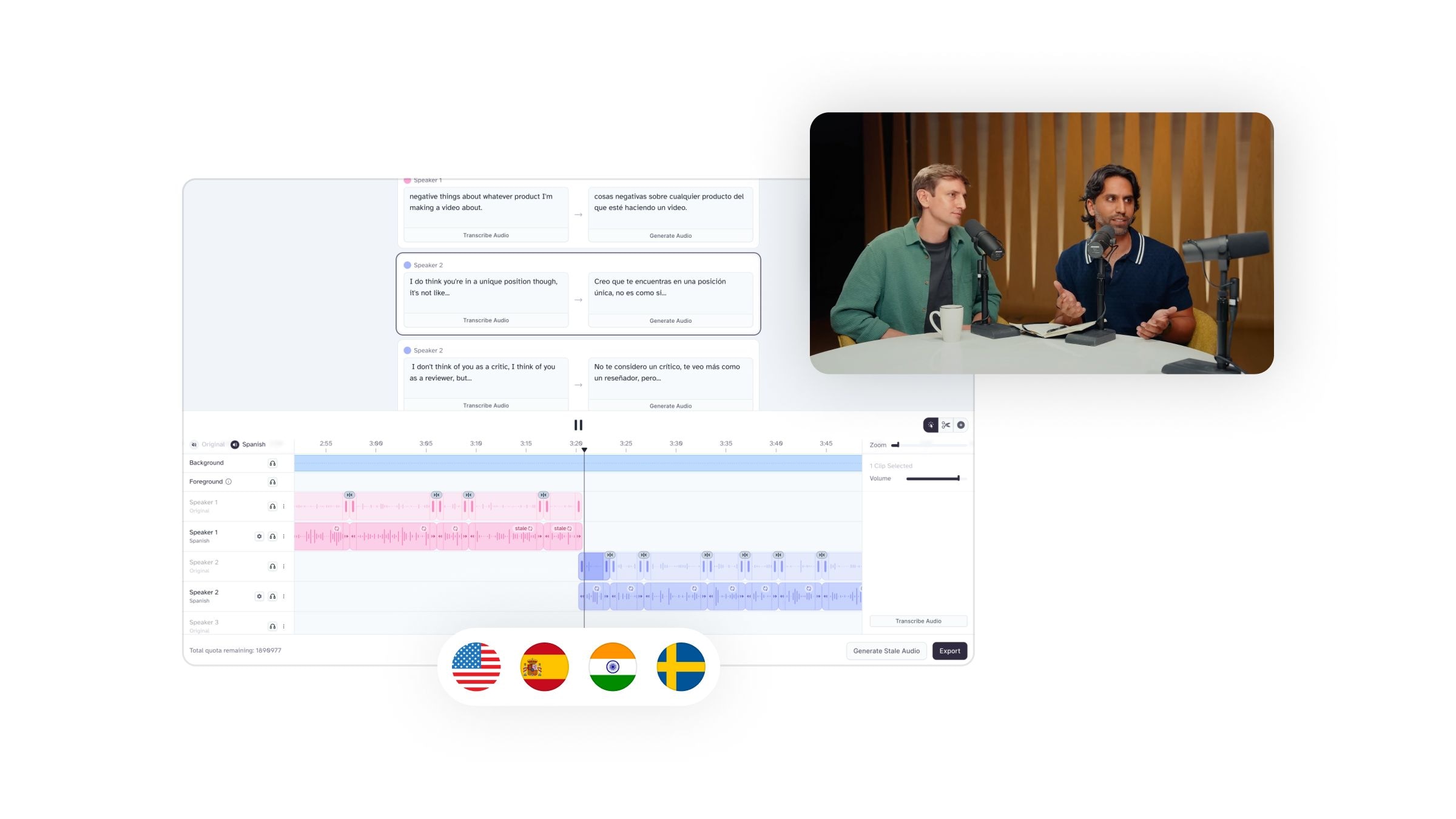 Two men speaking into microphones during a recording session, with audio editing software displayed on a screen in the background.