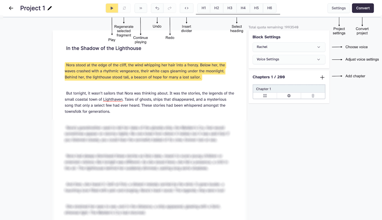 Highlighted text in the document about Nora standing at the edge of a cliff, wind whipping her hair, with waves crashing below and a lighthouse behind her.