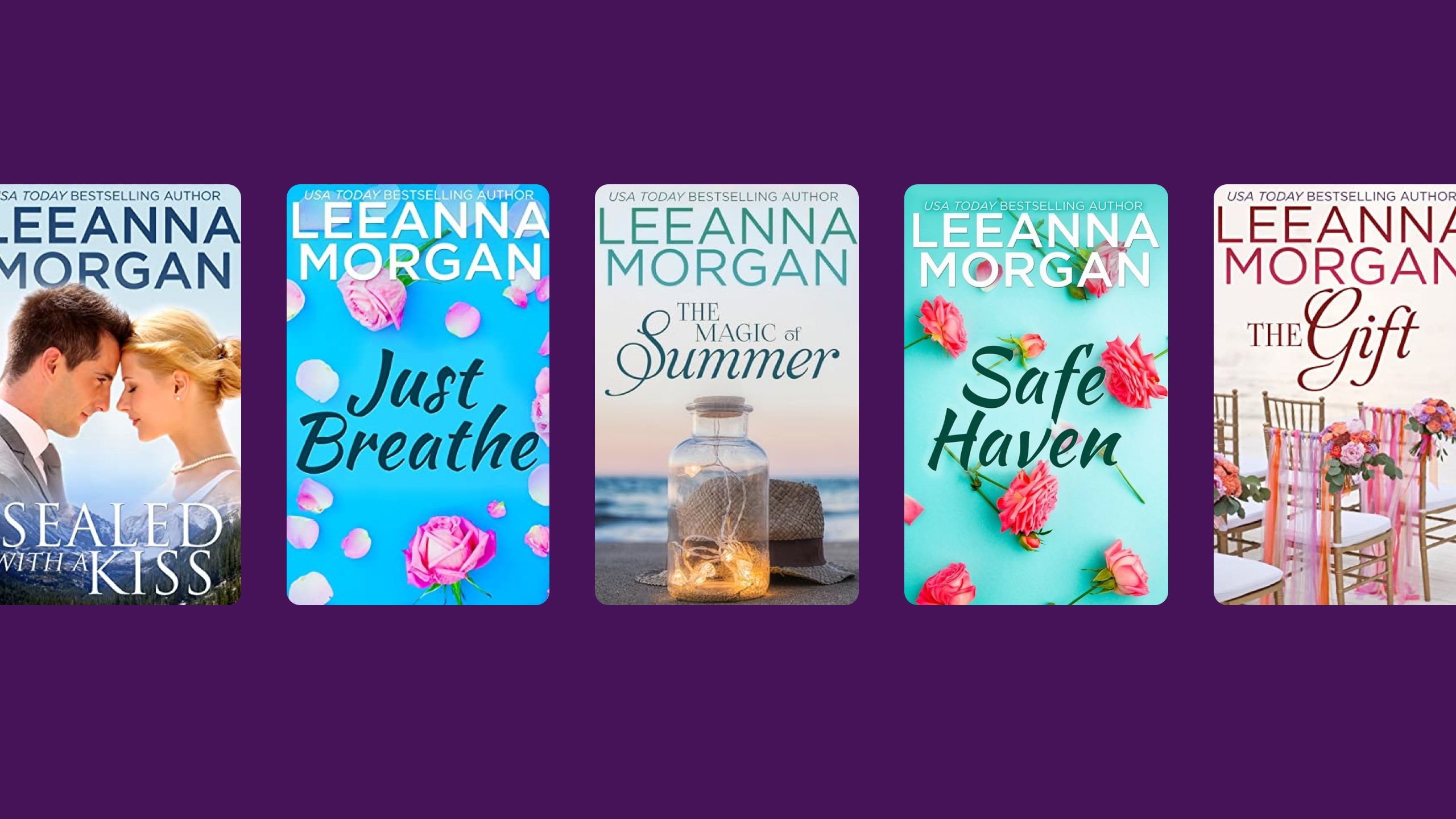 Five book covers by Leanna Morgan featuring romantic and summer-themed titles.