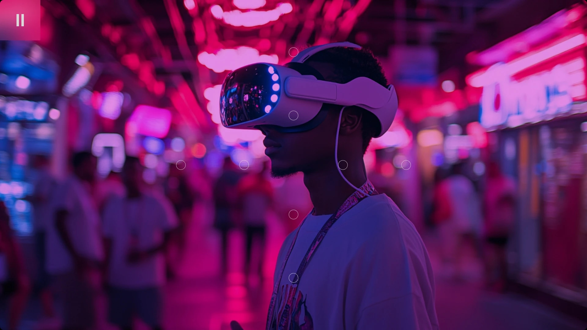 A person wearing a virtual reality headset in a neon-lit arcade or entertainment venue.