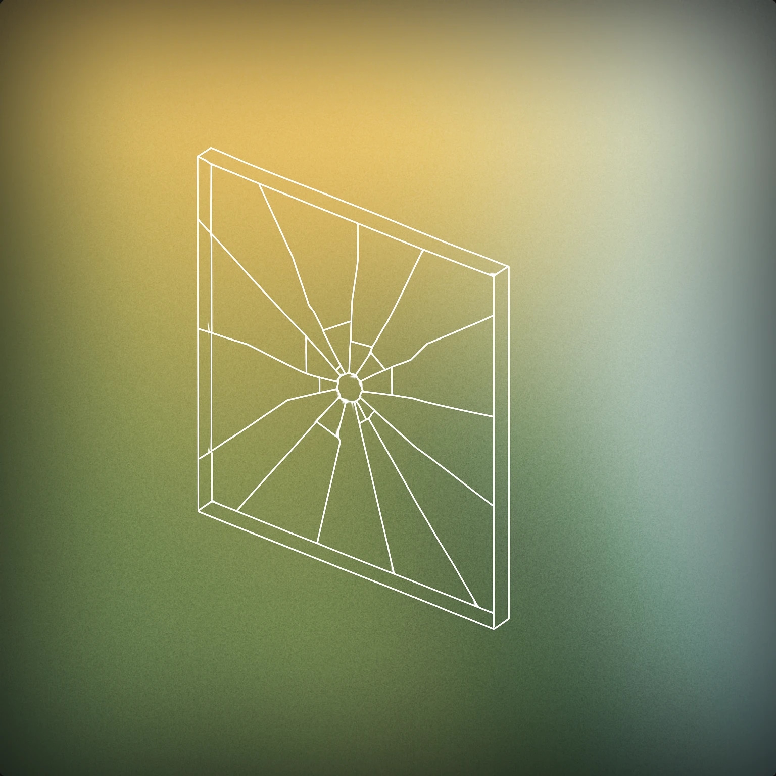 Cover of A cracked glass pane with a single, sharp bullet hole at its center, radiating clean, angular fracture lines outward for Bullet Impact sound effects